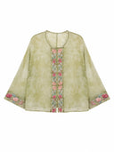 Front view of a sage green embroidered mulberry silk overshirt with long straight sleeves