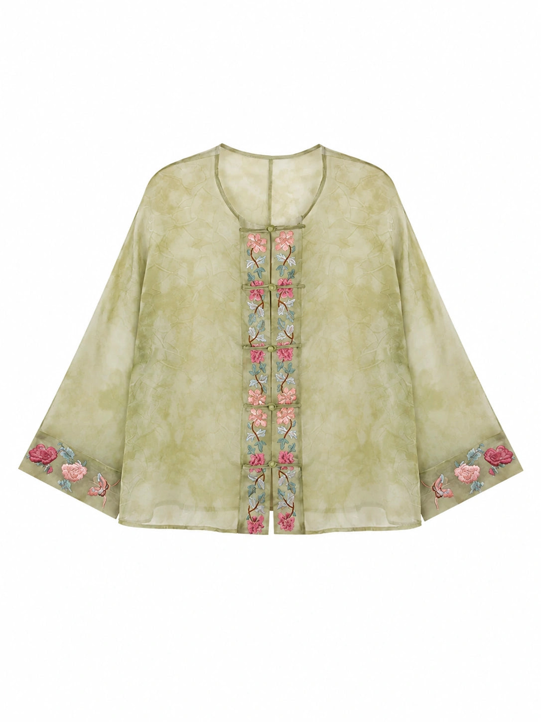 Front view of a sage green embroidered mulberry silk overshirt with long straight sleeves