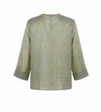 Back view of a sage green Chinese-inspired silk jacket with geometric woven pattern
