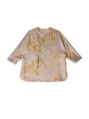 Front product view of a taupe mulberry silk blouse with green leaf print, three-quarter sleeves and asymmetric closures