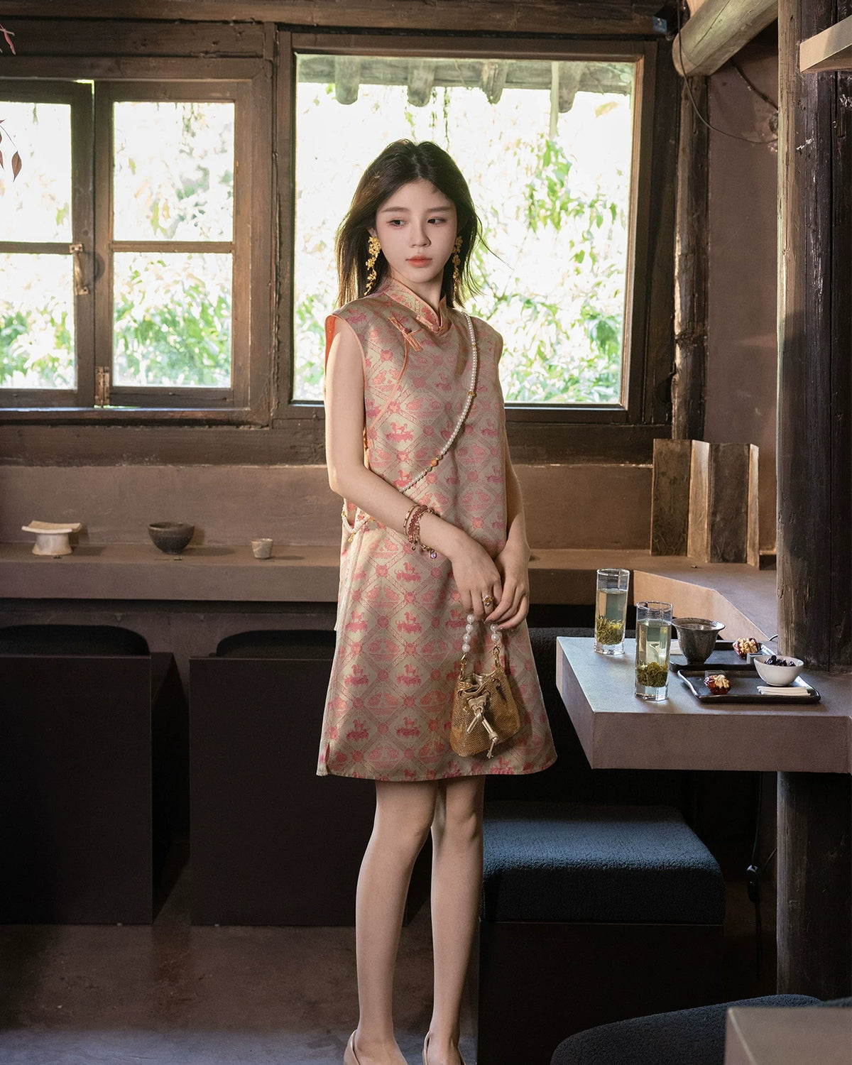 Full-length view of a coral Shu brocade silk dress with a relaxed waist and A-line silhouette.
