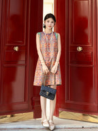 Full-length view of a Gambiered Silk sleeveless Shu brocade dress with circular geometric motifs.