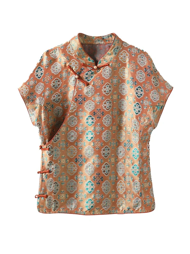 Gambiered Silk orange-gold Shu brocade silk top with a Mandarin collar, asymmetric front and traditional frog buttons
