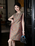 Full-length lifestyle view of a model wearing a relaxed vermilion Shu brocade summer dress.