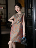 Full-length lifestyle view of a model wearing a relaxed vermilion Shu brocade summer dress.