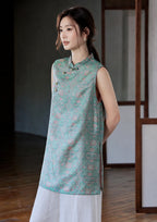 Upper-body view of the stand collar, ornamental buttons and teal-pink Song brocade pattern