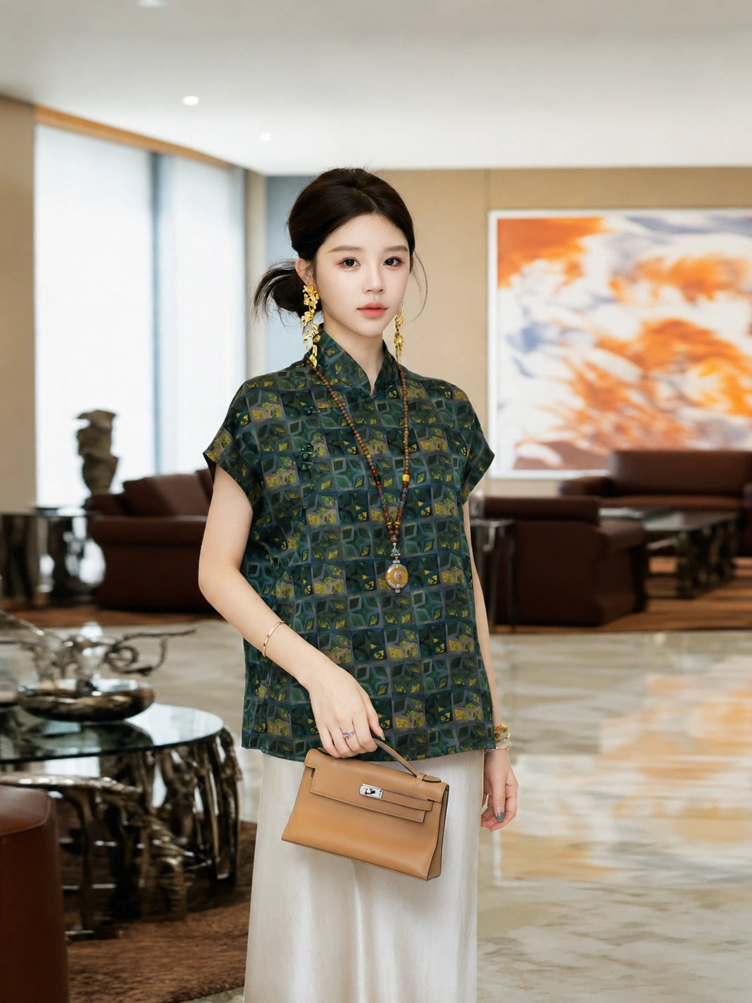 Gambiered Silk Geometric Chinese-Inspired Mulberry Silk Top