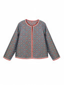 Front view of a teal patterned mulberry silk jacket with contrasting red trim