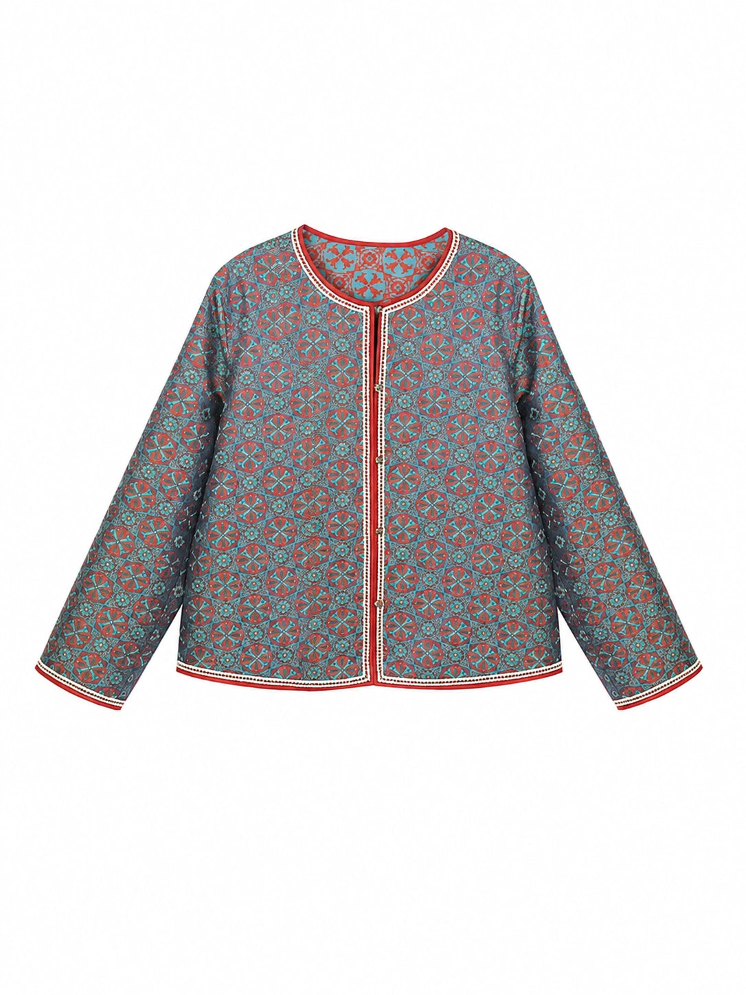 Front view of a teal patterned mulberry silk jacket with contrasting red trim