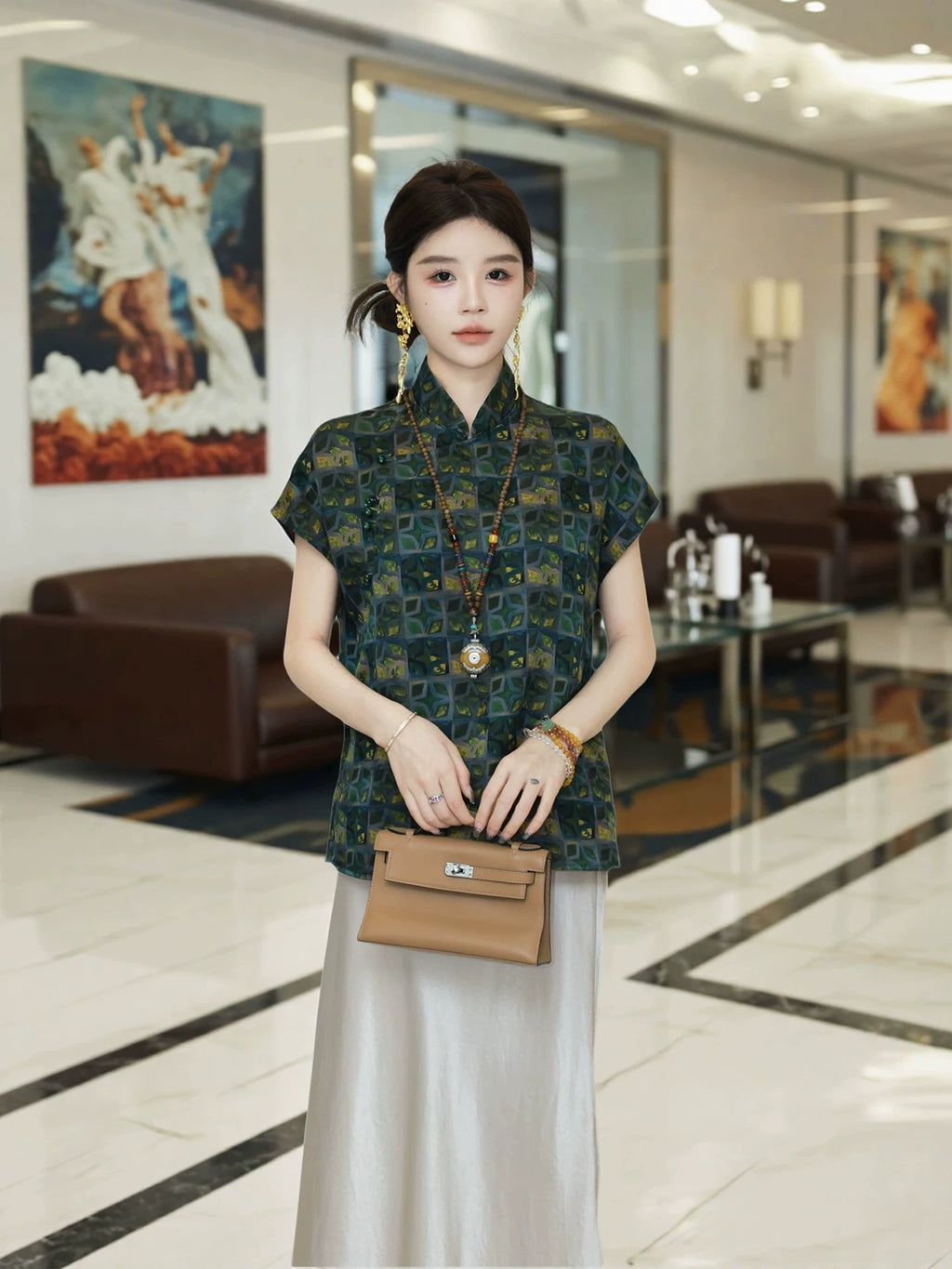 Gambiered Silk Geometric Chinese-Inspired Mulberry Silk Top