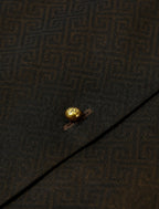 Close-up of the gold-tone button and subtle geometric jacquard texture on the dark silk-blend vest.