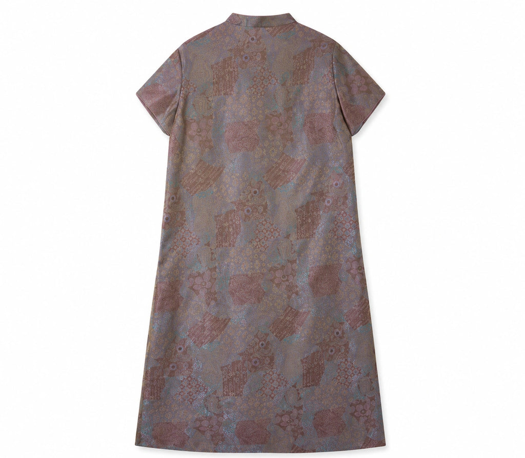 Back product view of the short-sleeve mulberry silk midi dress with an all-over vintage pattern.