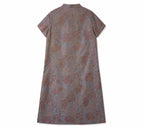 Back product view of the short-sleeve mulberry silk midi dress with an all-over vintage pattern.