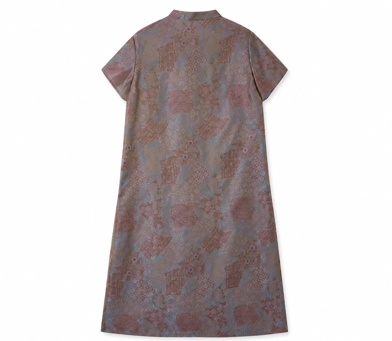 Back product view of the short-sleeve mulberry silk midi dress with an all-over vintage pattern.