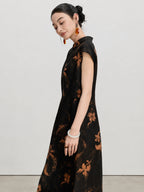 Side view showing the relaxed silhouette of the black Xiangyunsha silk A-line dress