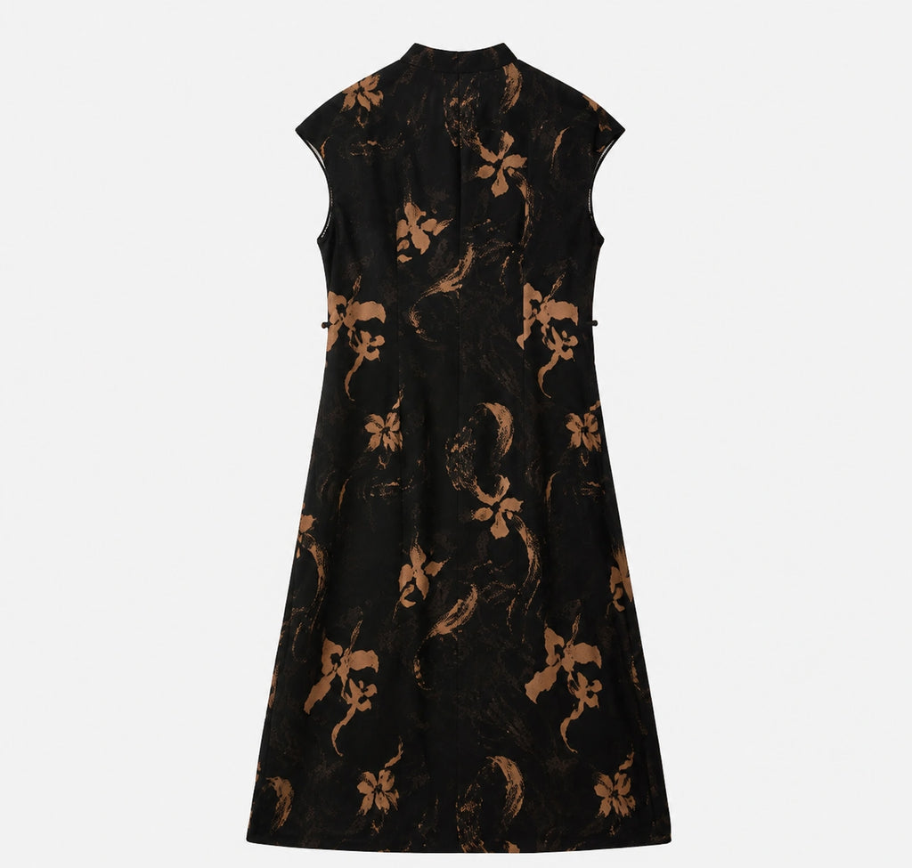 Back view of a black Xiangyunsha Hua Luo silk A-line dress with copper-brown floral motifs