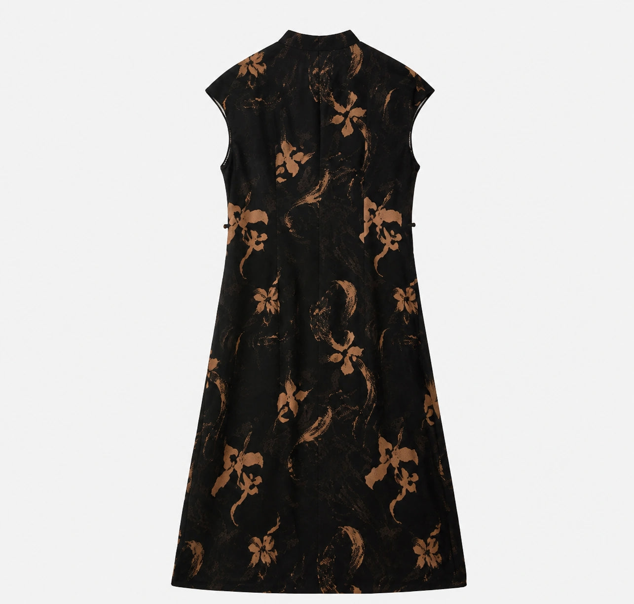 Back view of a black Xiangyunsha Hua Luo silk A-line dress with copper-brown floral motifs