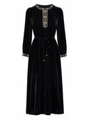 Product-only front view of the black velvet dress with embroidered neckline, placket and cuffs