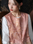 Close-up of the model wearing the vest, showing its floral jacquard sheen