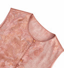 Close-up of the vest’s round neckline, shoulder binding and top button