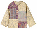 Front product view of the jacket showing plum, apricot-gold and multicoloured jacquard panels.