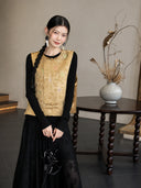 Front view of a 100% mulberry silk Chinese vest in antique gold, featuring floral jacquard patterns, butterfly details, and traditional knot closures.