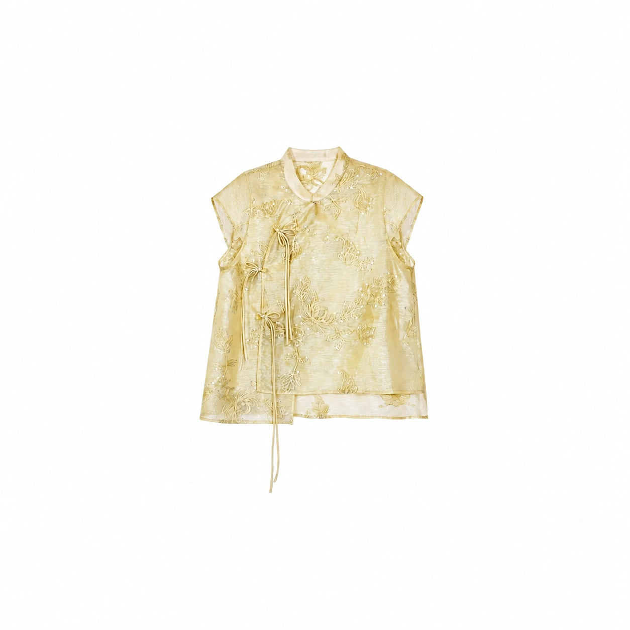 Flat lay of a gold short-sleeve Cheongsam top with a mandarin collar, floral embroidery, and side tie details.