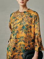 Women's gold floral mulberry silk cheongsam dress with three-quarter sleeves