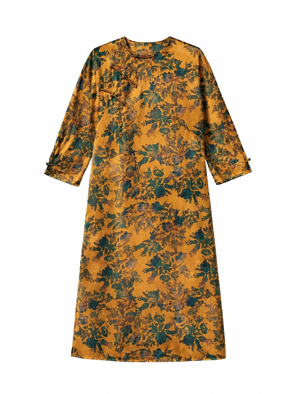 Close-up of the floral print and handcrafted frog button on a mulberry silk dress