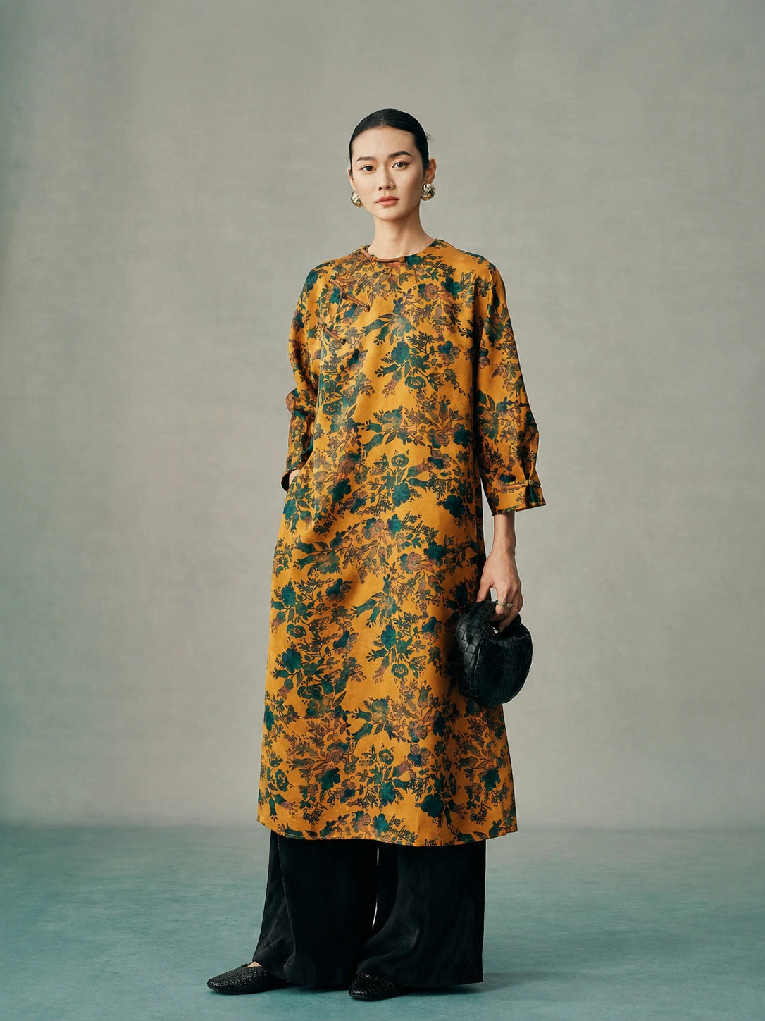 Women's floral mulberry silk dress with relaxed fit and side slit