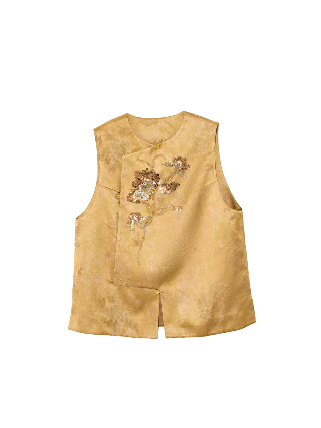 Flat lay front view of a women's floral embroidered silk blend vest in golden beige on a white background.