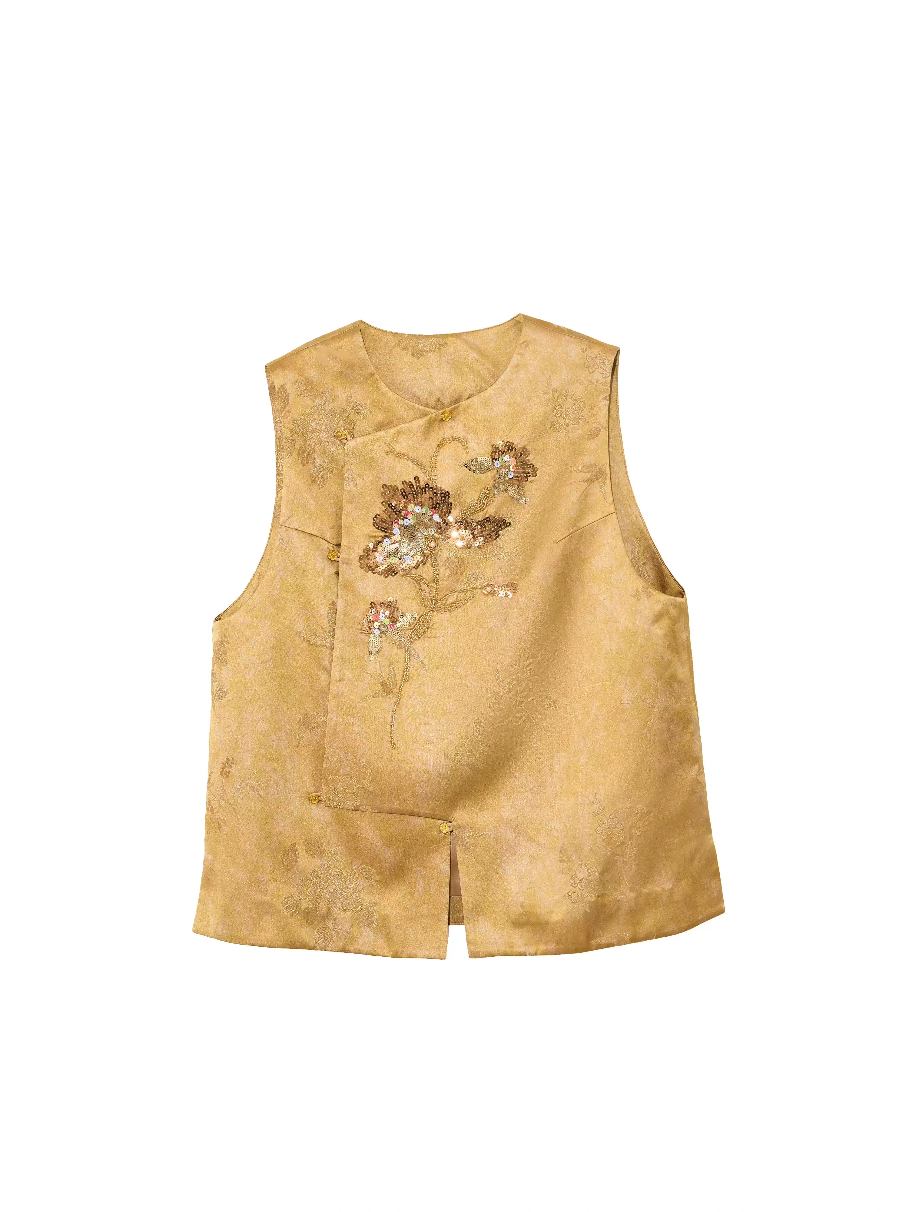 Flat lay front view of a women's floral embroidered silk blend vest in golden beige on a white background.