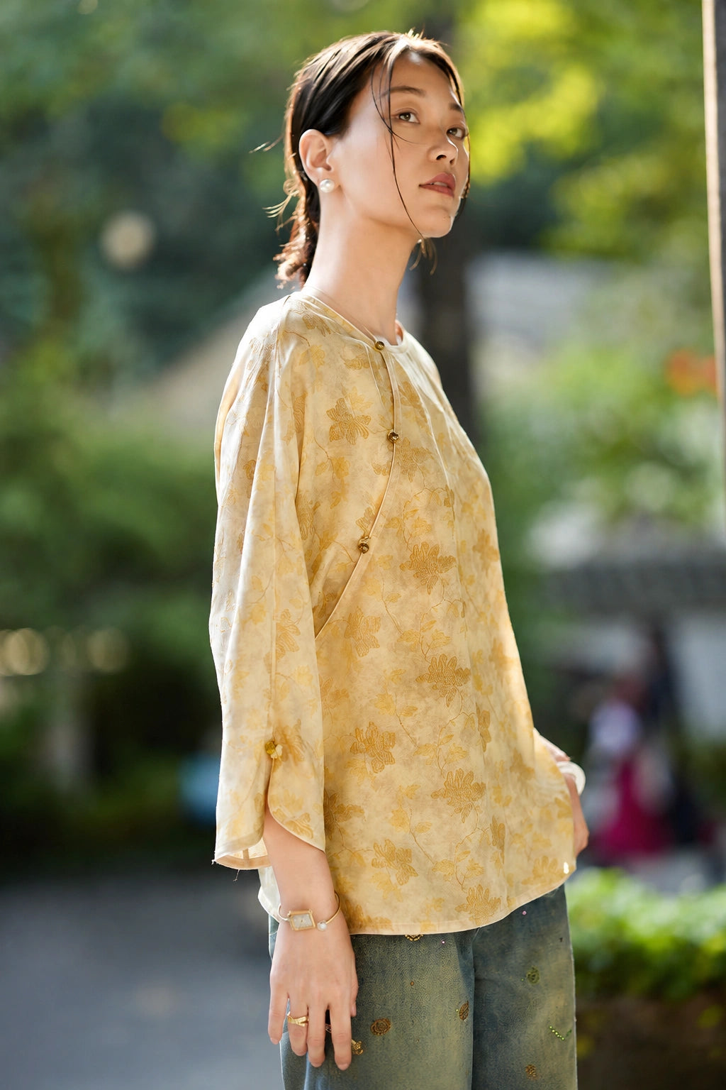 Champagne Gold Floral Jacquard Mulberry Silk Blouse