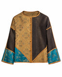 Product-only front view of the gold and brown jacquard jacket with teal cuffs
