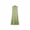 Flat lay of a green Cheongsam dress with a mandarin collar, floral embroidery, beaded trim, and a pleated skirt, crafted from 100% polyester.