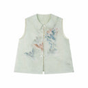 Flat lay of a light green sleeveless vest with a Peter Pan collar, intricate floral embroidery, and a front button placket.
