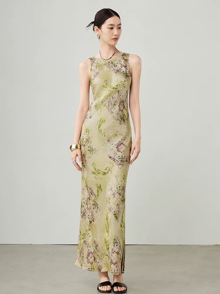 Women's green floral cupro blend maxi dress with sleeveless design, front view.