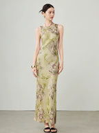 Women's green floral cupro blend maxi dress with sleeveless design, front view.