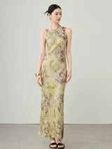 Women's green floral cupro blend maxi dress with sleeveless design, front view.