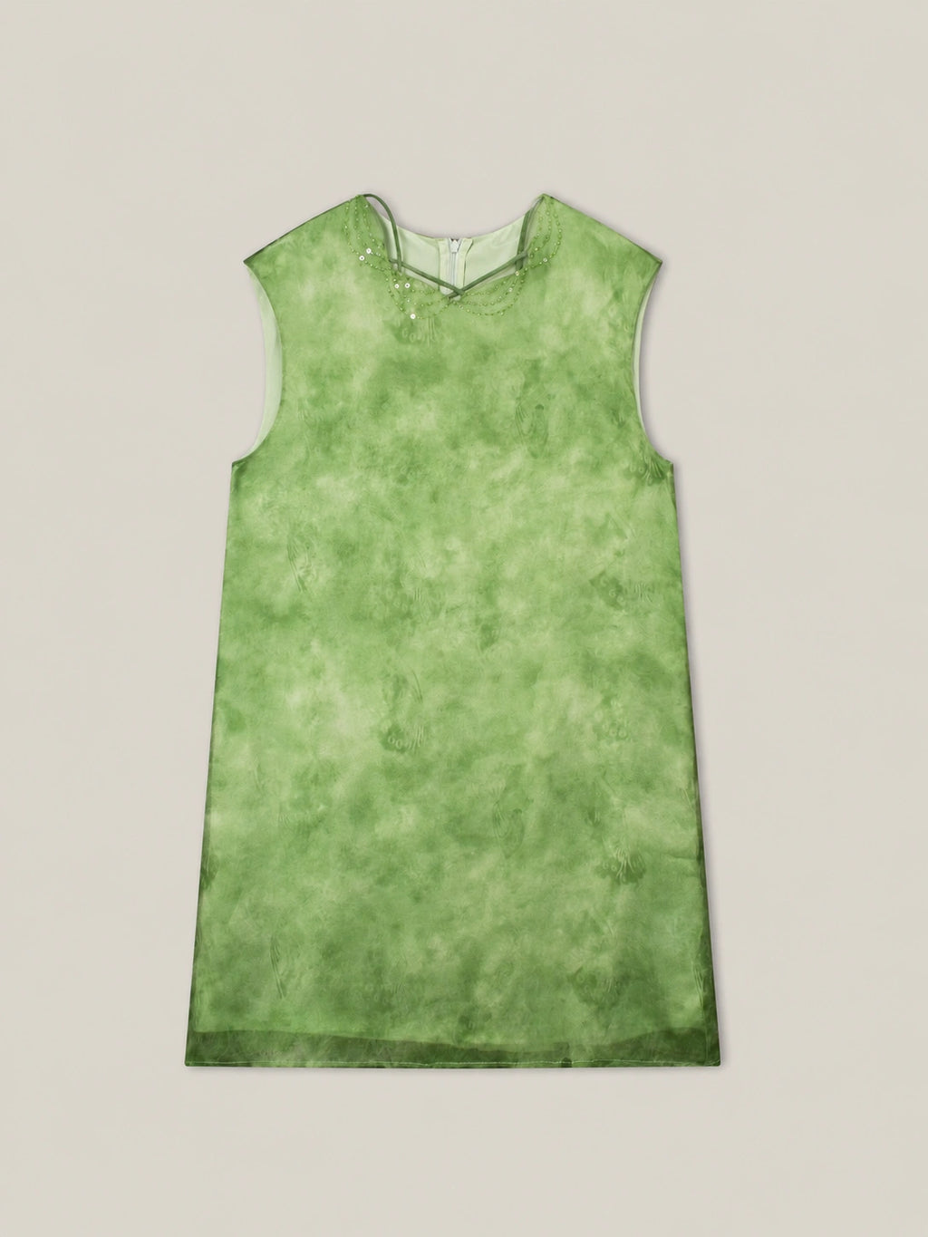 Full view of green mulberry silk sleeveless dress with watercolor dyed texture and elegant minimalist Chinese inspired design