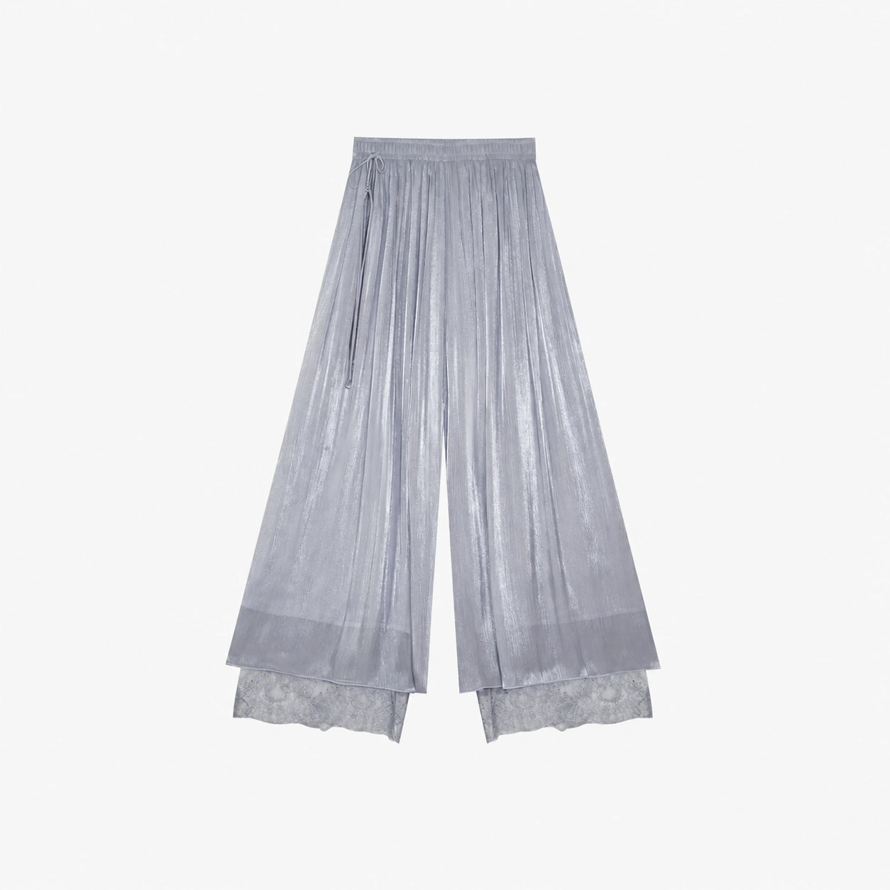 Flat lay of grey pleated wide-leg pants with an elastic waistband, side tie, and layered lace hem, crafted from 100% polyester.