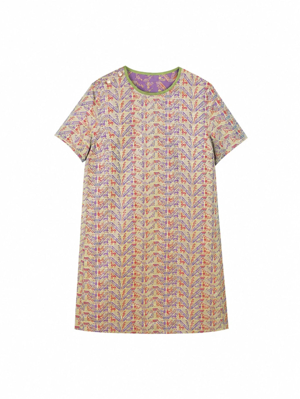 Flat lay of a cream 100% mulberry silk dress with purple and blue geometric heritage print