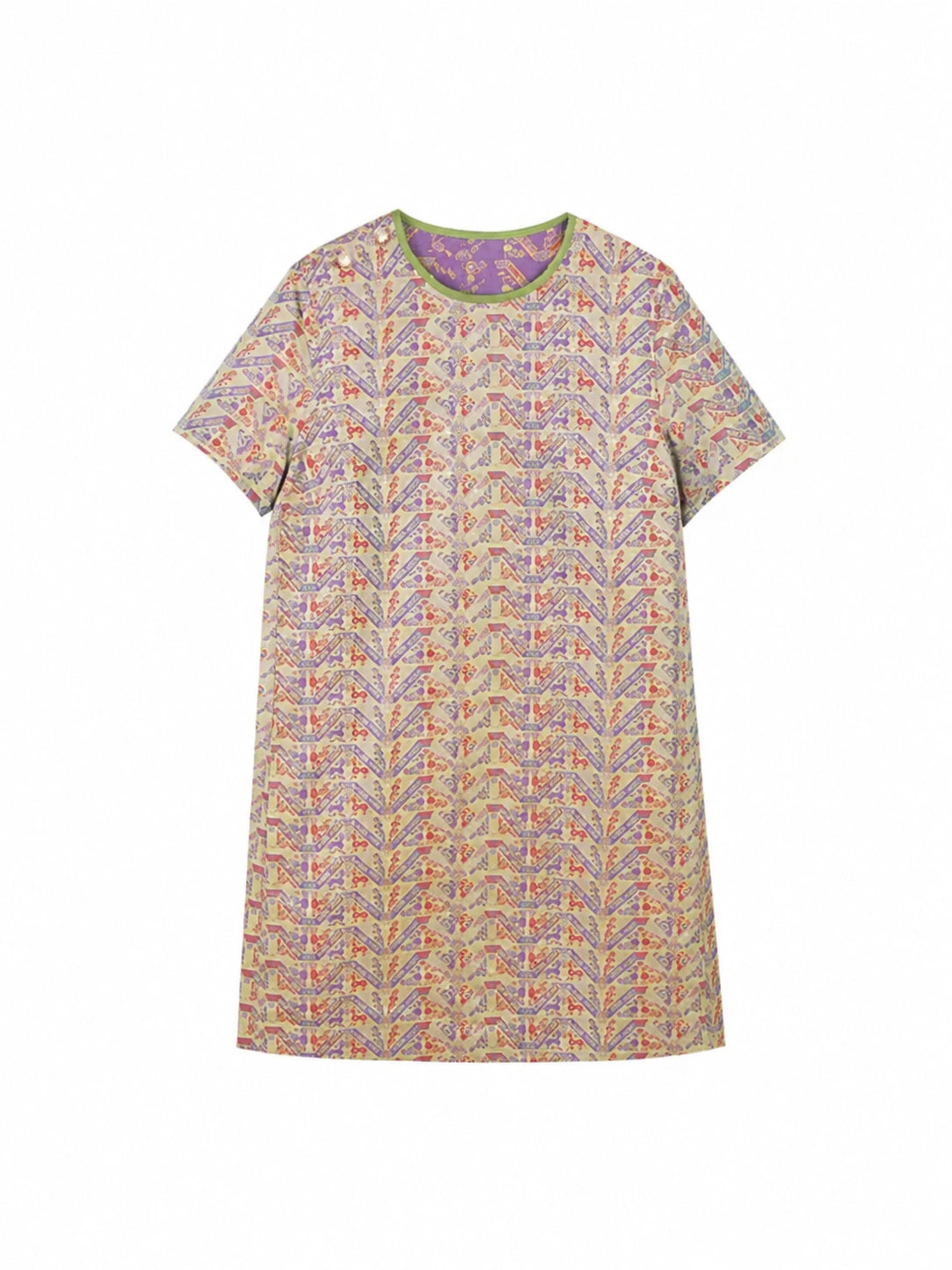 Flat lay of a cream 100% mulberry silk dress with purple and blue geometric heritage print