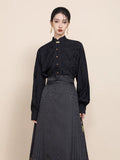 Front view highlighting the Mandarin collar and button details of the Ink Black Jacquard Blouse.