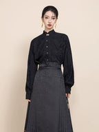 Front view highlighting the Mandarin collar and button details of the Ink Black Jacquard Blouse.
