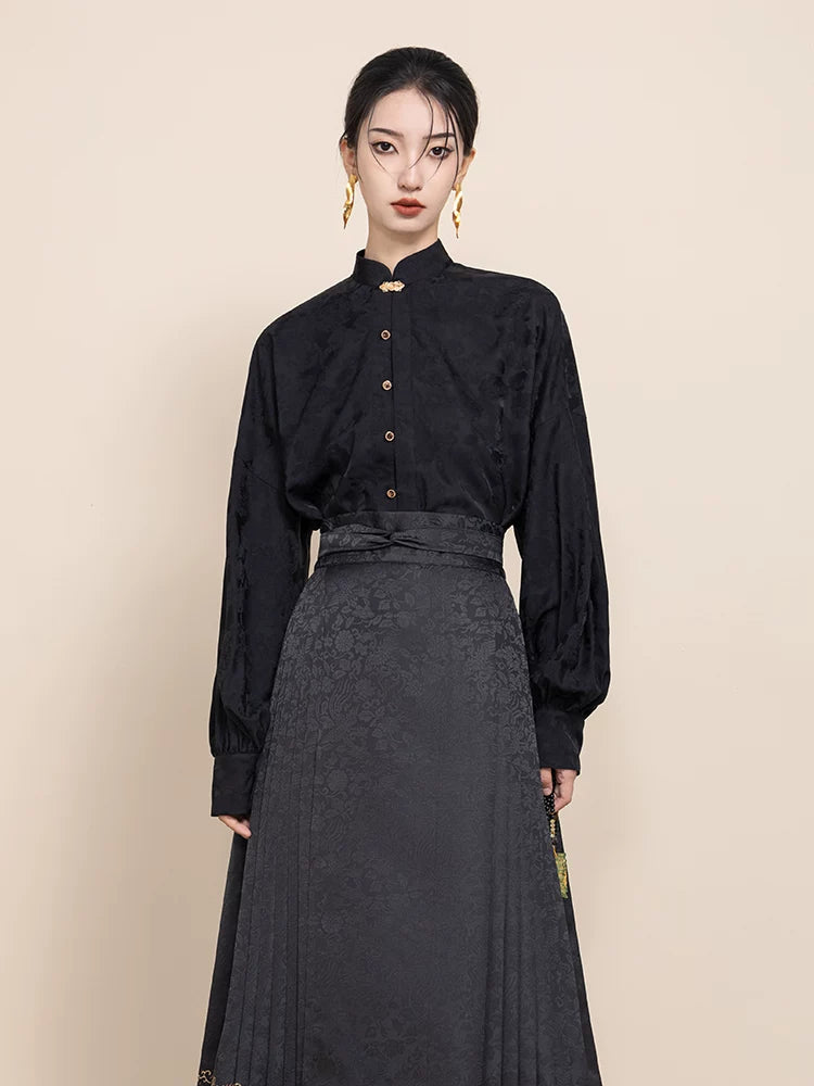 Front view highlighting the Mandarin collar and button details of the Ink Black Jacquard Blouse.