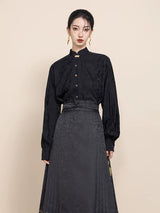 Front view highlighting the Mandarin collar and button details of the Ink Black Jacquard Blouse.