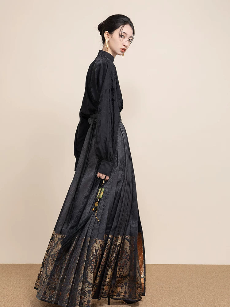 Side view of the Ink Black Jacquard Mandarin Collar Blouse with relaxed silhouette.