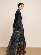 Side view of the Ink Black Jacquard Mandarin Collar Blouse with relaxed silhouette.