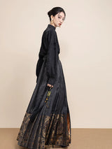 Side view of the Ink Black Jacquard Mandarin Collar Blouse with relaxed silhouette.